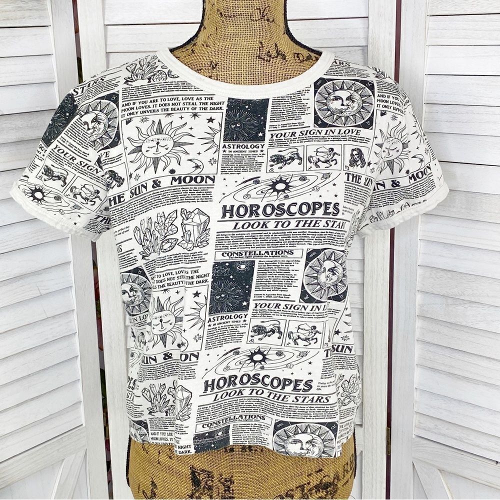 Vibe N Astrology Horoscope Crop Tee Shirt Cream Black Medium